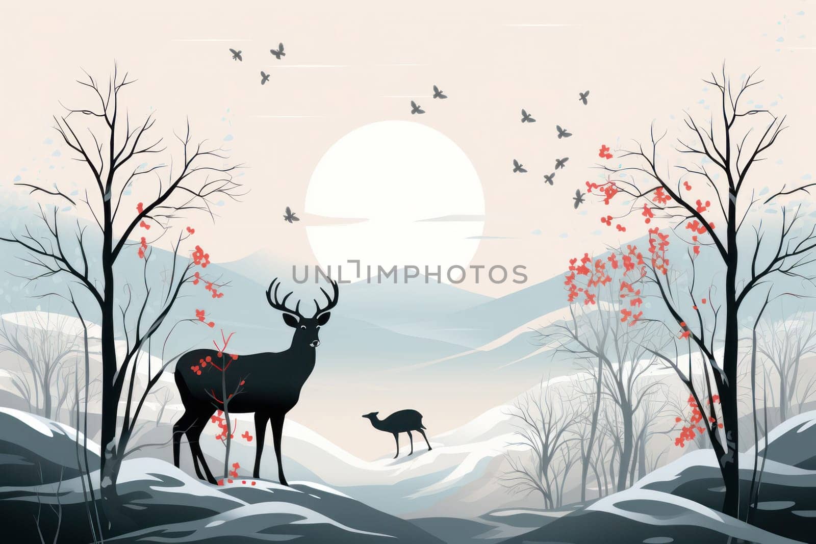 An enchanting winter tableau, showcasing the grace and resilience of wildlife, including deer, birds, and squirrels, in their natural habitats during the frosty season.