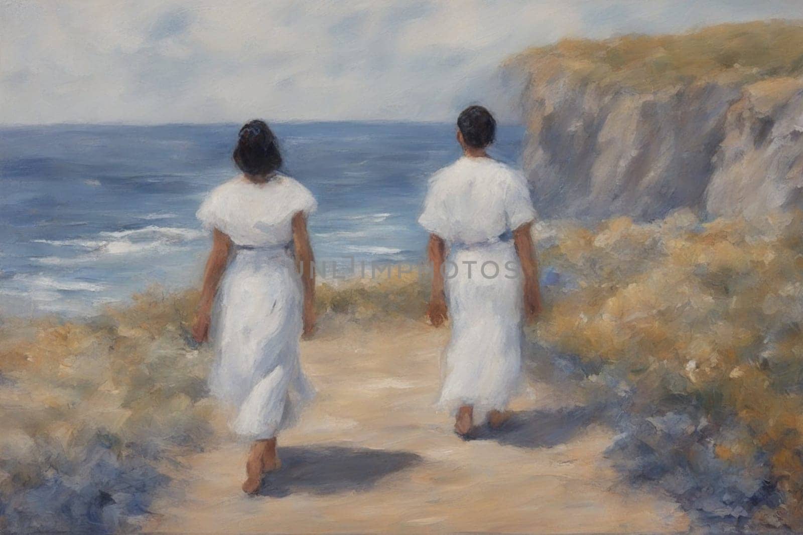 gay loving couple walking by hand in the beach, romantic open mixed race illustration by verbano