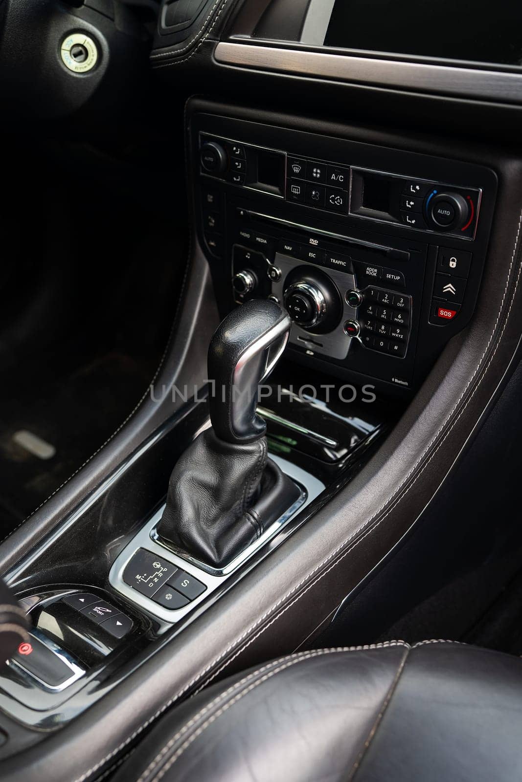 Close-up of an automatic transmission lever. Car interior, automatic transmission gear knob. by sfinks