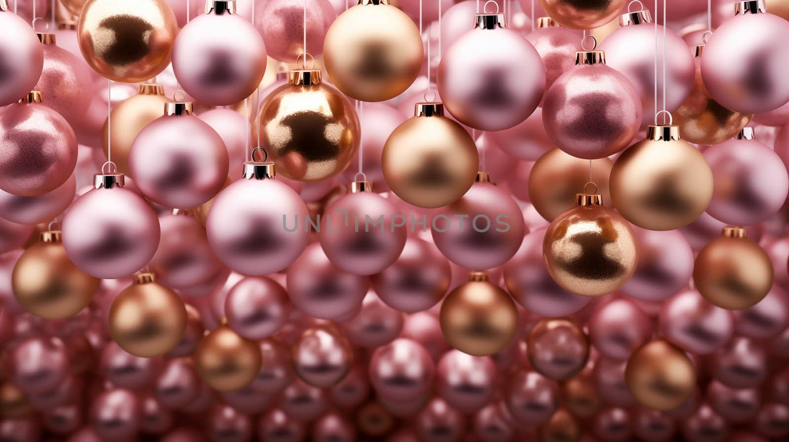 Pink, Gold Christmas Hanging Baubles. Collection of New Year Balls, Background. Generative AI by netatsi