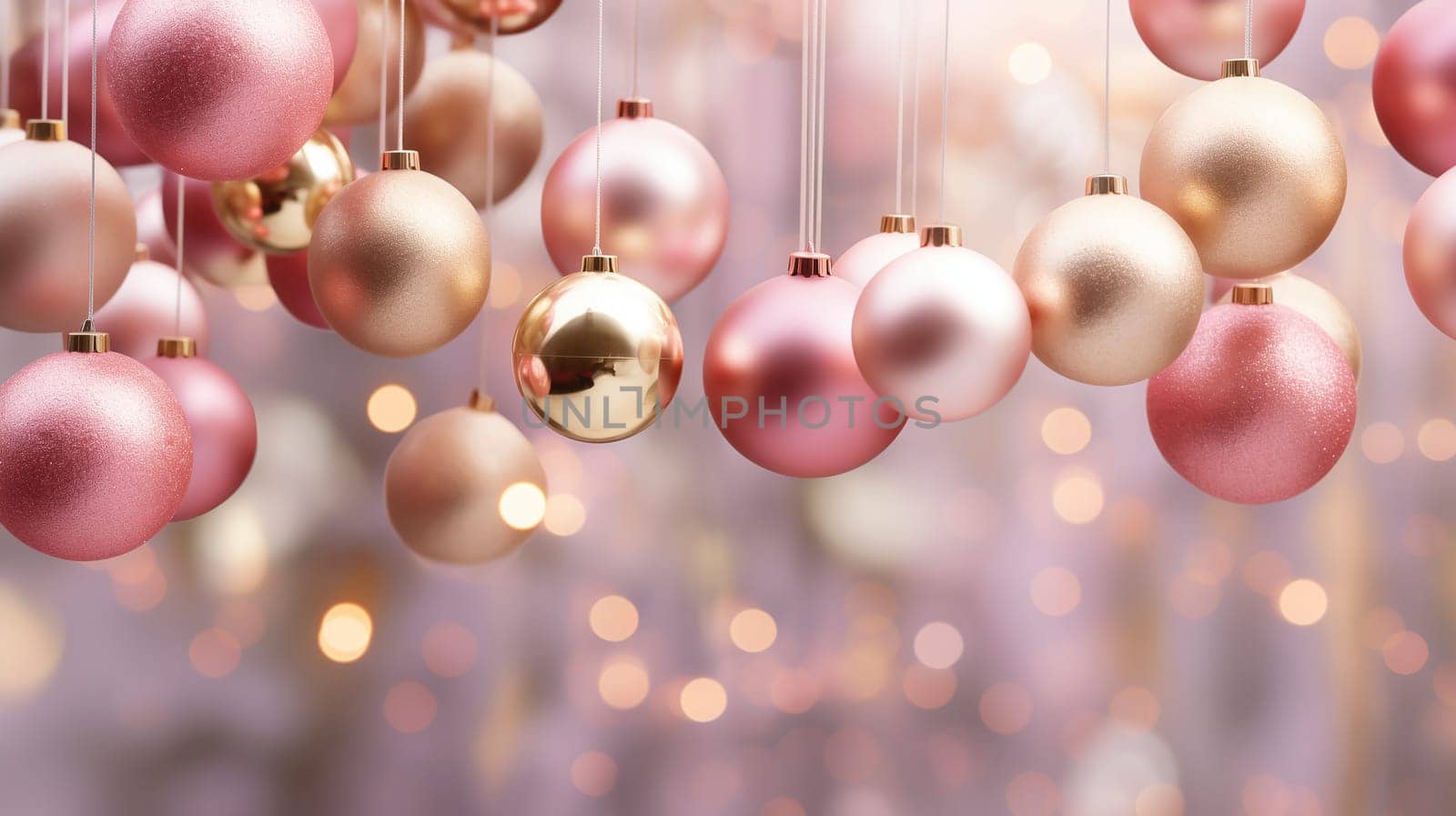 Collection of Hanging Pink and Golden Christmas Balls. Christmas and New Year Background. Led Bokeh Lights, Space For Text. AI Generated. High quality photo