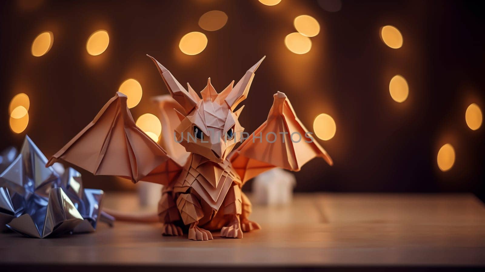 Cute Brown Origami Dragon on Table, Made of Paper, Christmas Lights with Bokeh on Background. Xmas Decoration, Handmade New Year Craft, Hobby Copy Space. AI generated. High quality photo