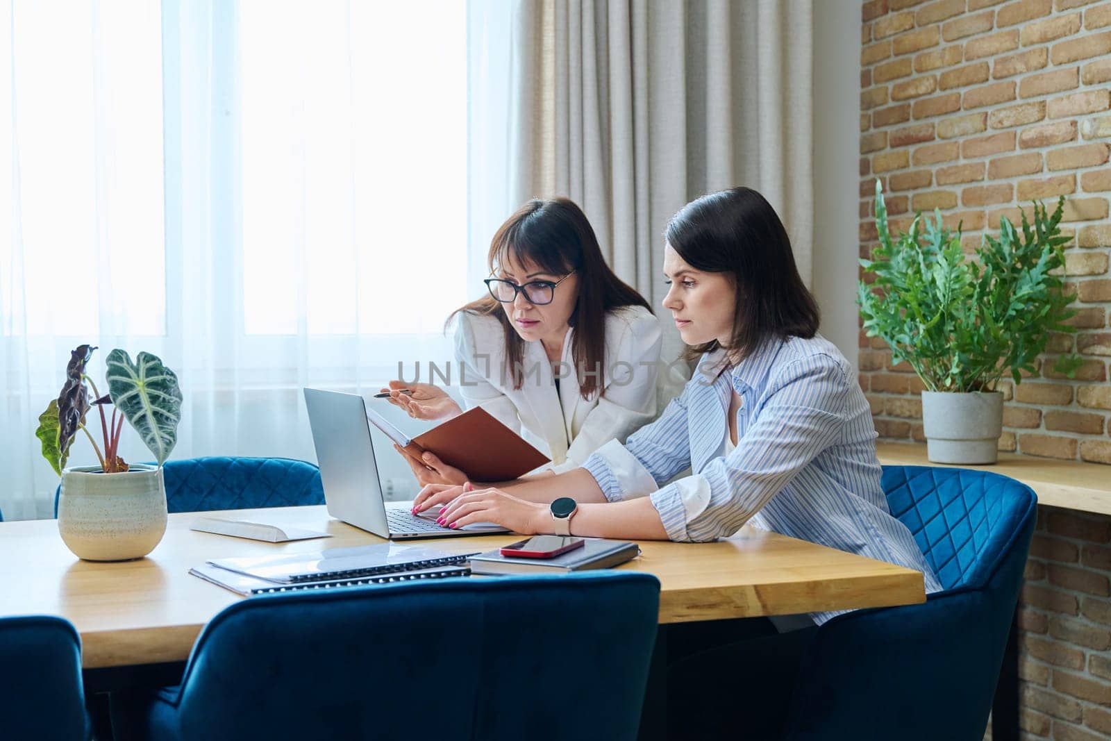 Two serious business women working in office, typing on laptop by VH-studio