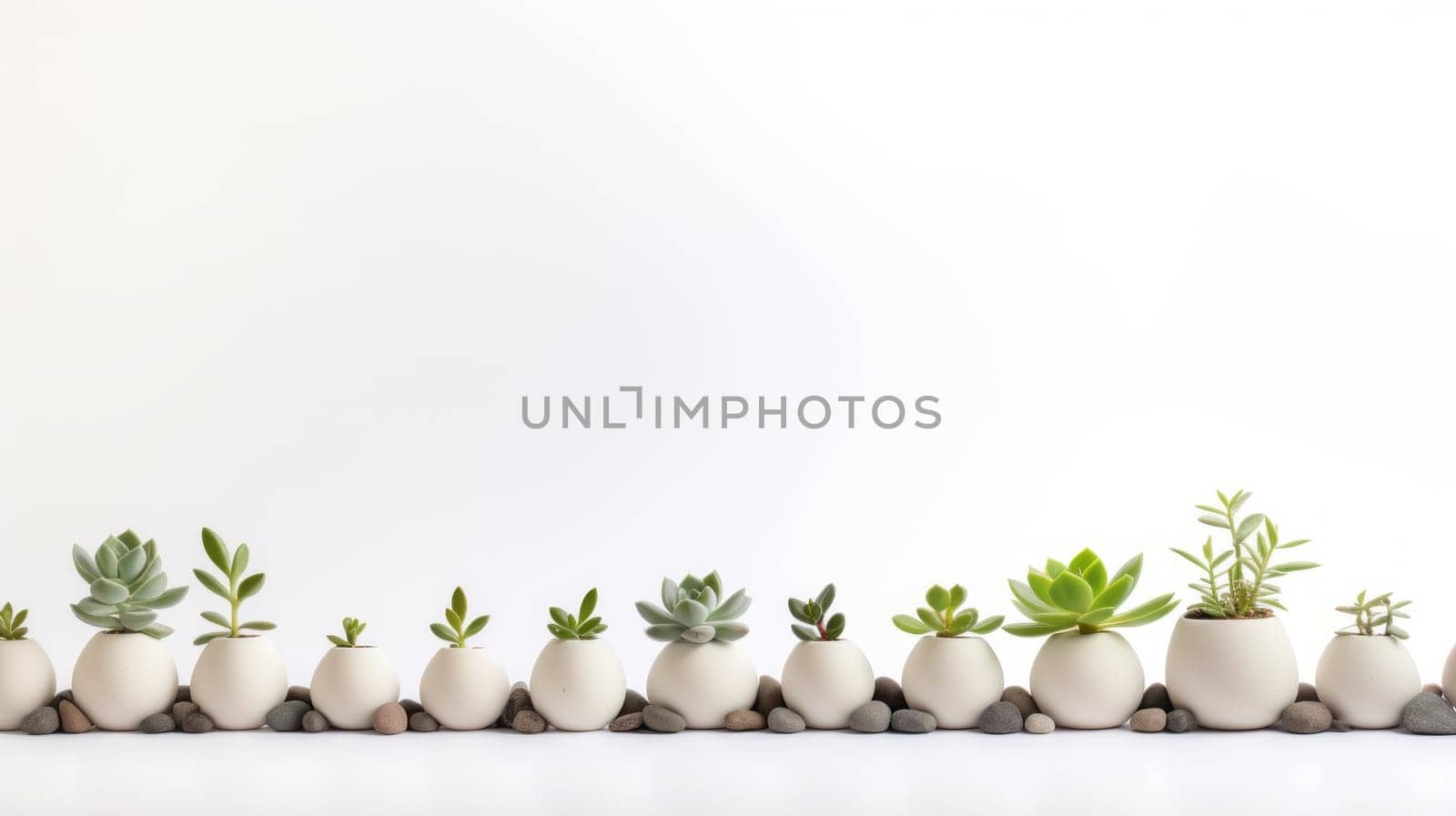 A row of small succulent plants in white pots on a white background.minimalist and modern style.The pots are round and have a smooth texture. High quality photo