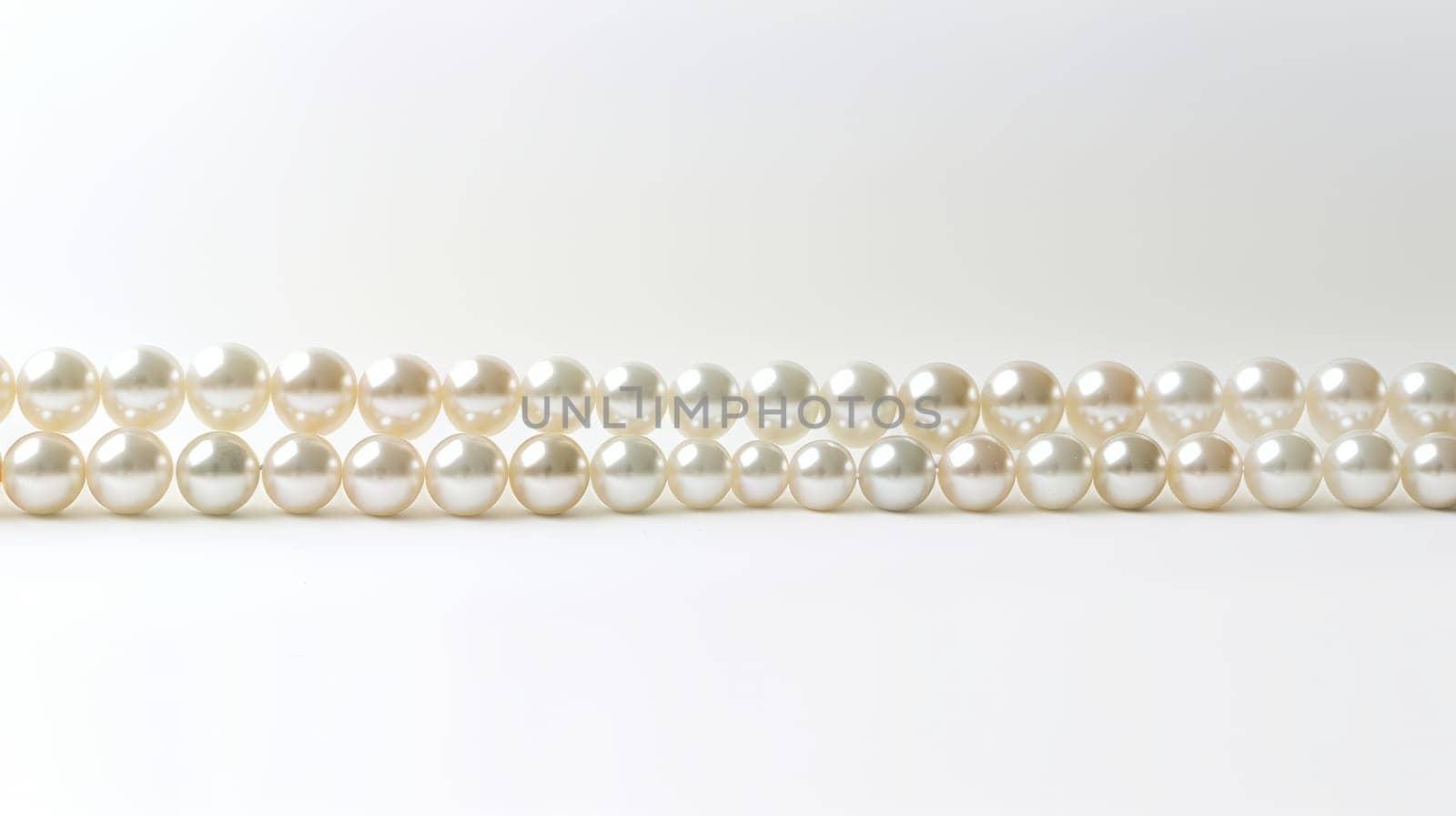 String of pearls on white background. White and round pearls with iridescence. Pearls decrease in size towards the ends. Perfect for themes of elegance, luxury and beauty. High quality photo