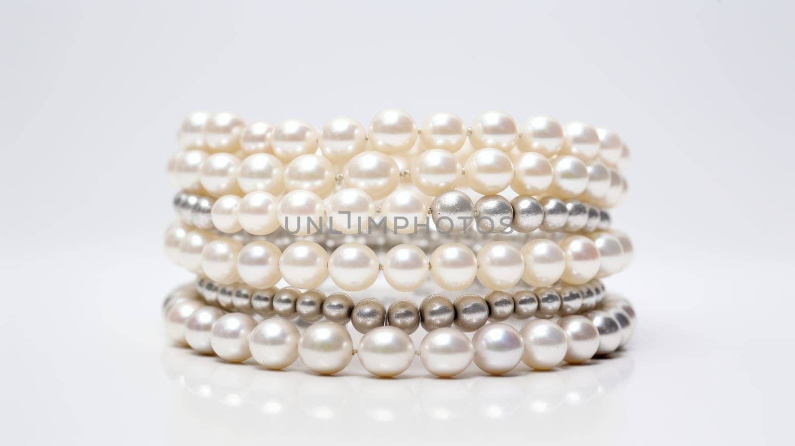 Stack of pearl bracelets on white background. Round pearls in white, cream and silver shades. Layered and tilted bracelets. Perfect for themes of elegance, luxury and beauty. High quality photo
