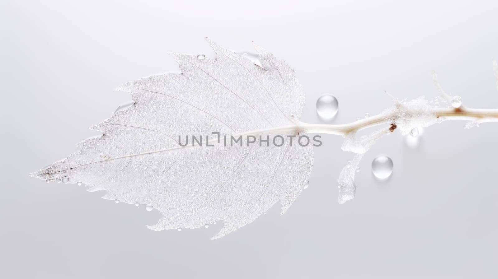 white leaf with water droplets on a white background. This image captures the beauty and fragility of nature. The leaf is translucent and has some red spots, adding contrast and interest. by DogDrawHand