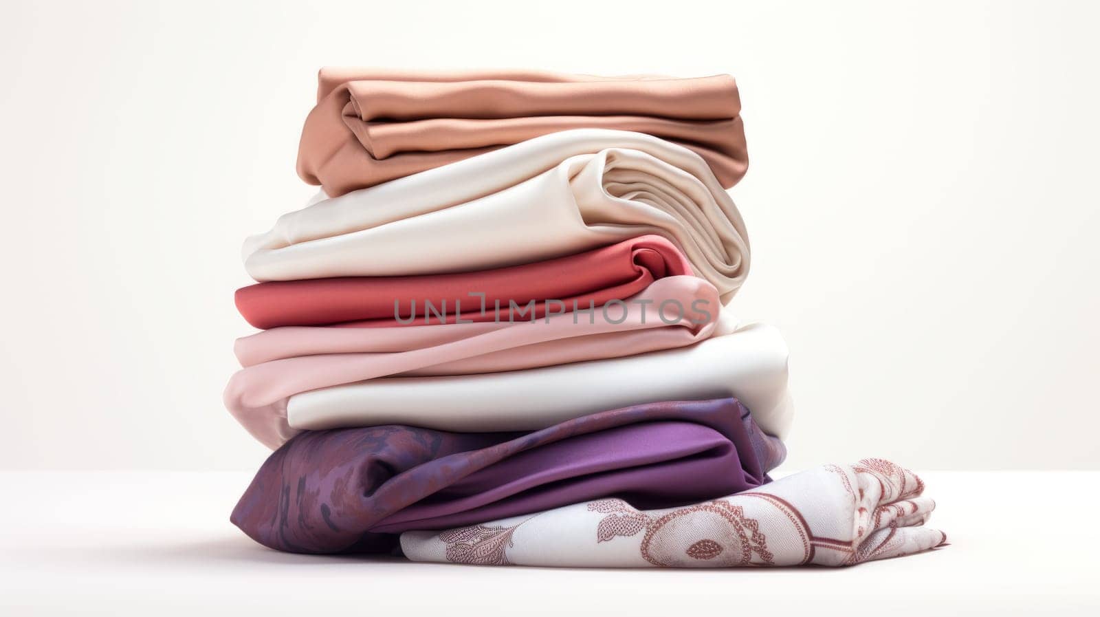 Colorful and patterned fabrics on white background. Stack of folded fabrics in various colors and patterns. Floral, geometric and abstract designs. Great for themes of art, craft and culture. High quality photo