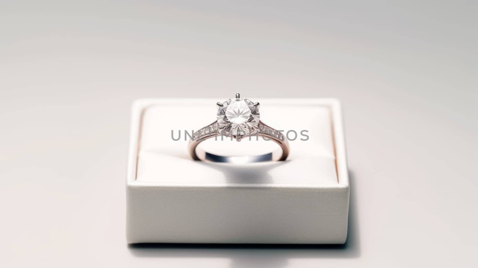 Diamond engagement ring in white box on grey background. Round diamond in four prong setting. White gold band with filigree design. Perfect for themes of love, romance and marriage. High quality photo
