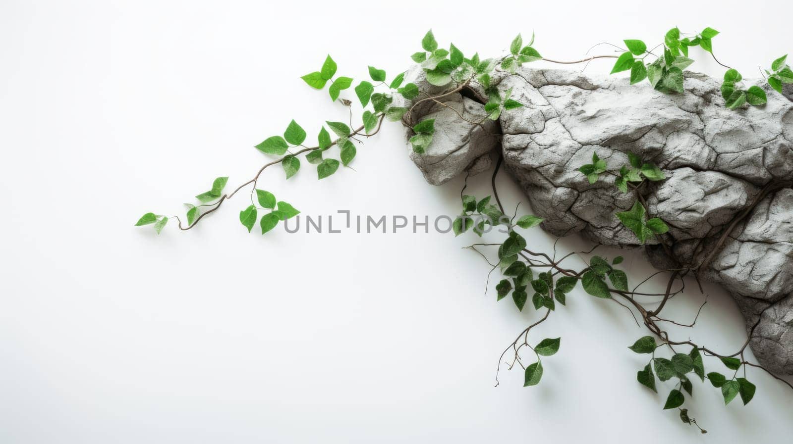 A rock formation with green ivy on a white wall.The rock formation is gray and jagged, with the ivy growing in between the cracks. The ivy has small, heart-shaped leaves and is growing in a diagonal direction. by DogDrawHand