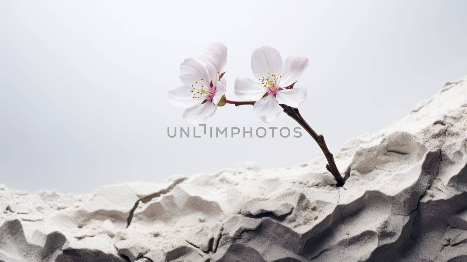 Two cherry blossom flowers on a white crumpled background. This image showcases the elegance and simplicity of nature. The flowers are white with pink centers and yellow stamens, creating a delicate contrast. High quality photo