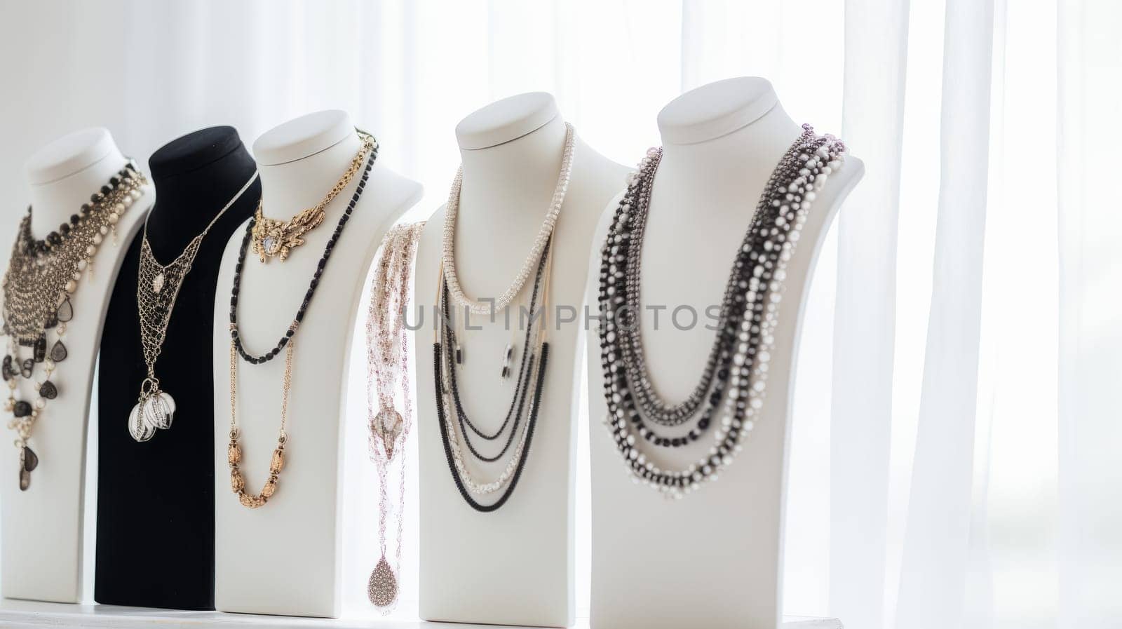 Five necklace busts on white background. Different styles and colors of necklaces. Gold, silver, pearl and black beads. Great for themes of jewelry, fashion and beauty. High quality photo