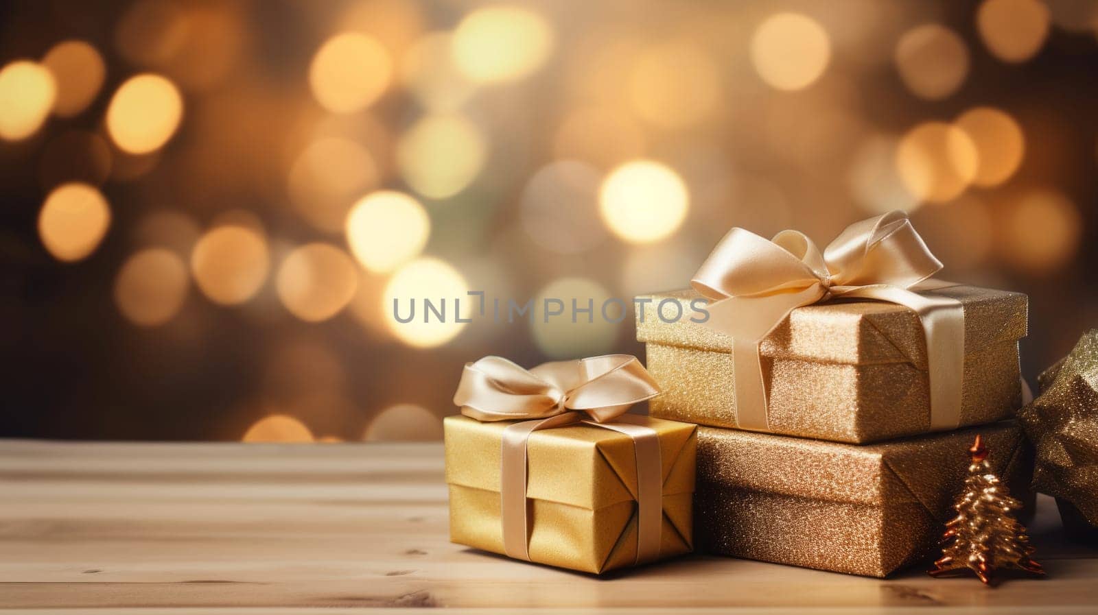 A stack of Christmas presents with gold ribbons on a wooden table with a blurred background of lights. The concept is Christmas and gift giving. High quality photo