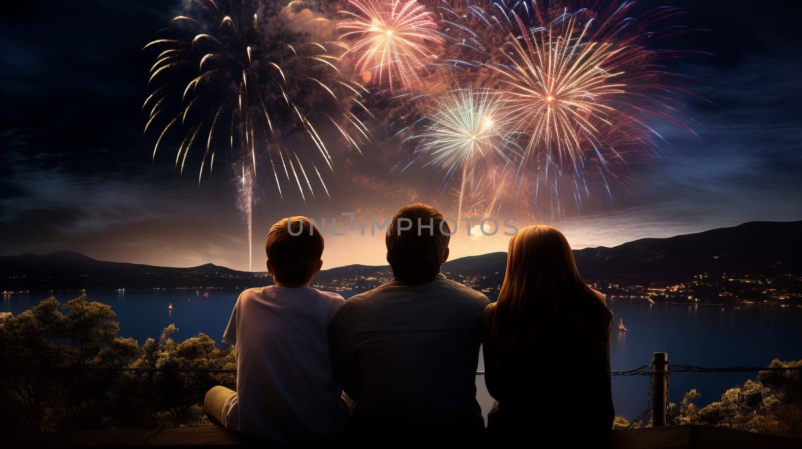 A stunning photo of three people admiring a vibrant fireworks show over a lake. The mountains and city lights create a beautiful contrast in the background. High quality photo