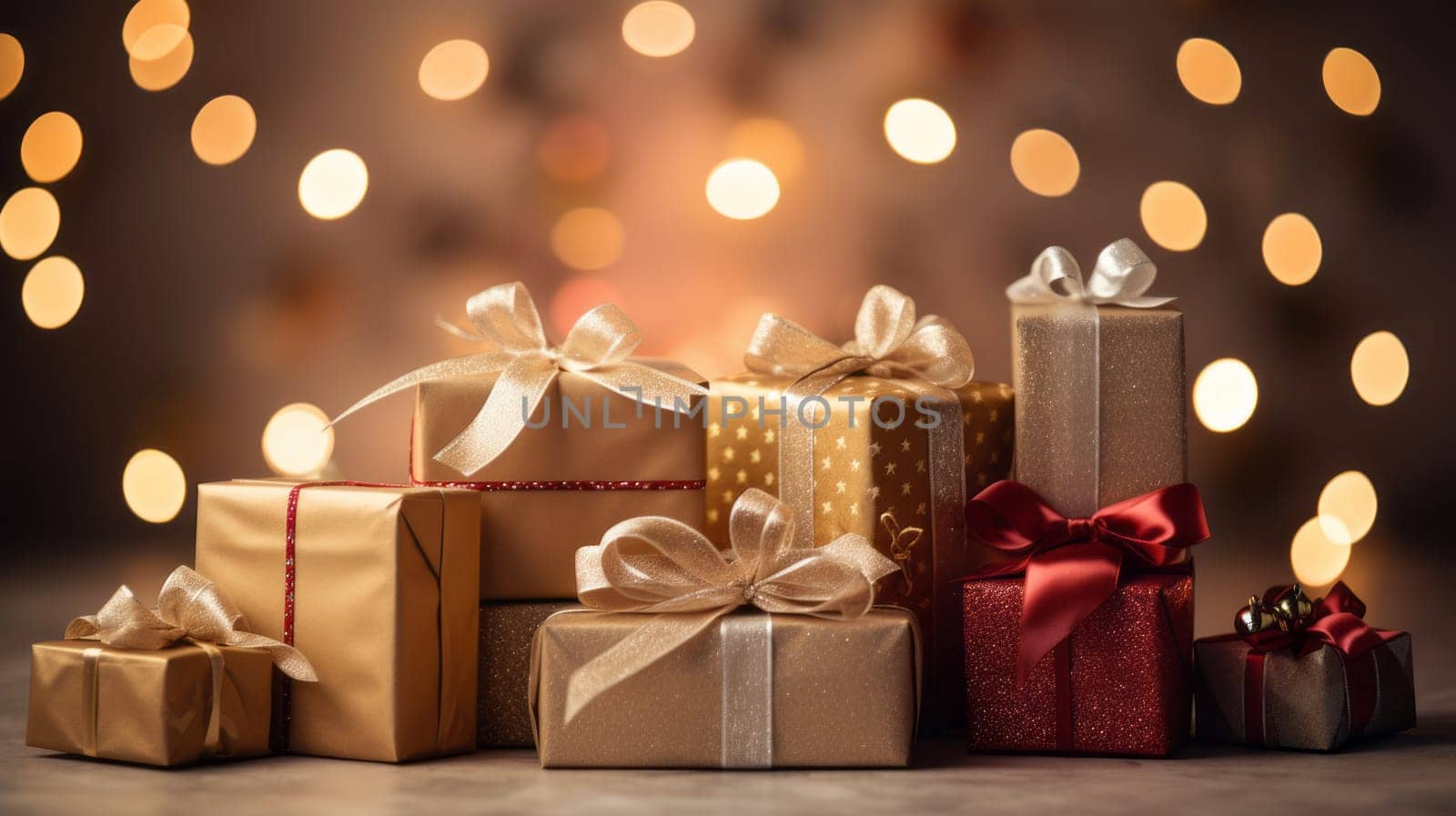 A pile of wrapped Christmas presents with ribbons and bows, with a blurred background of Christmas lights. The concept is Christmas and gift giving. by DogDrawHand