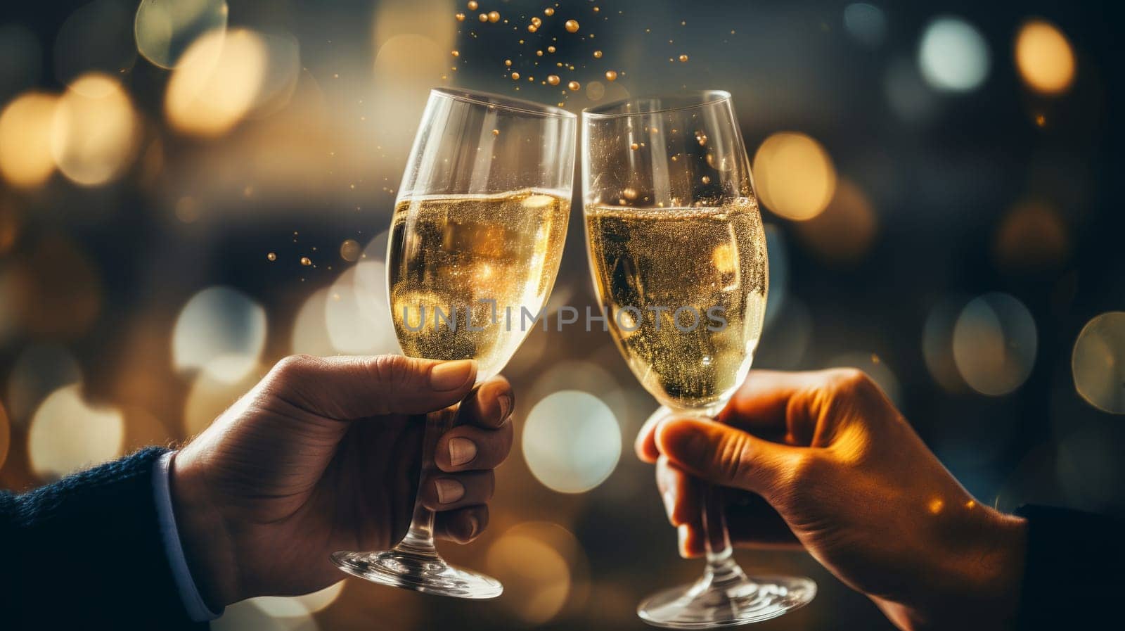 Celebrate with champagne Capture the festive mood of a party with this elegant photo of two hands clinking champagne glasses against a sparkling bokeh background. by DogDrawHand