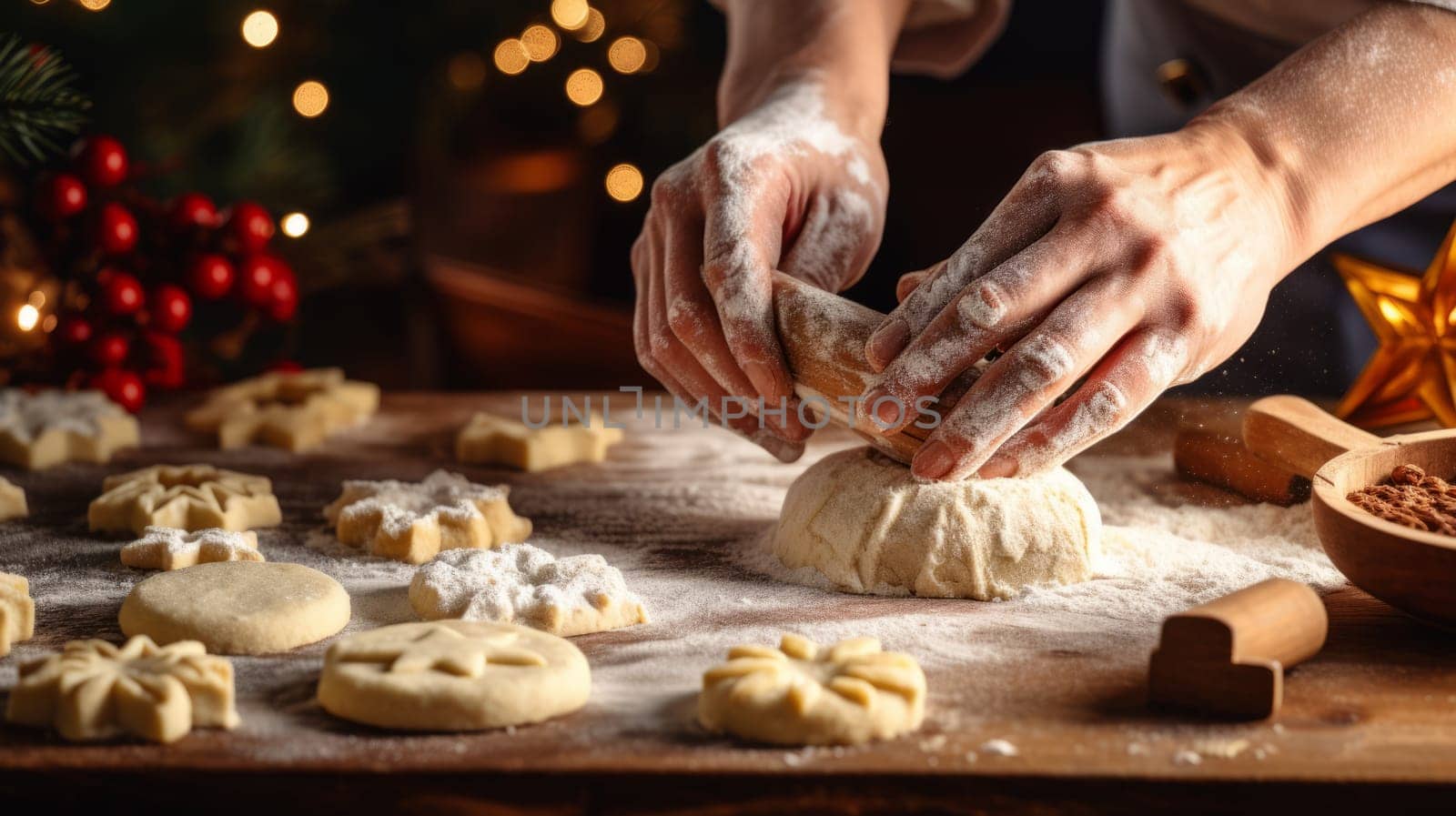 a person making Christmas cookies with festive decorations in the background. It is a holiday tradition of baking and decorating. High quality photo