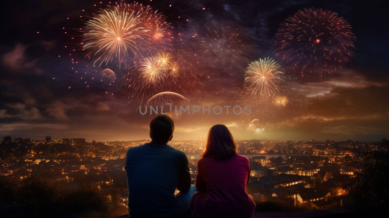 A romantic night view of a city skyline with colorful fireworks. A couple enjoys the spectacular show from a hill. by DogDrawHand
