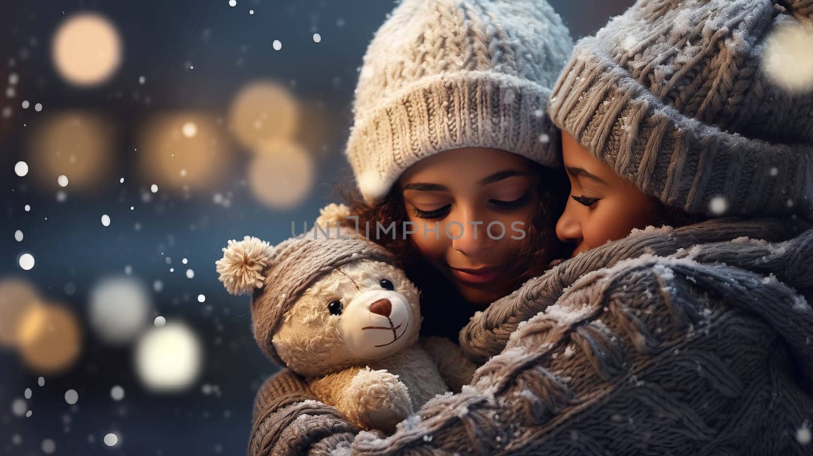 A person hug each other wearing a beige knit hat and scarf feels cozy and festive with blurred Christmas lights and snow in the background. High quality photo
