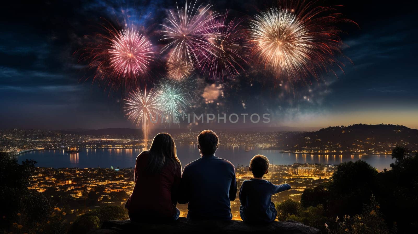 Couple watching fireworks on a cliff Experience a romantic and scenic view of a city at night with fireworks in the sky with this photo of a couple sitting on a cliff. by DogDrawHand