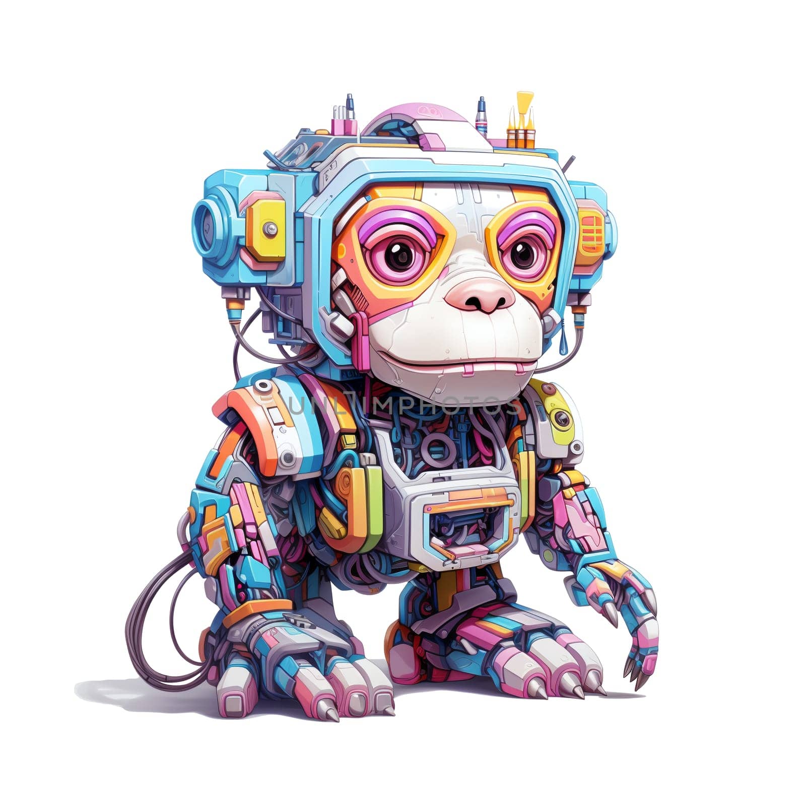Cartoon monkey robots. T-Shirt, Sticker. Funny cyborg. AI Generated by AndreyKENO