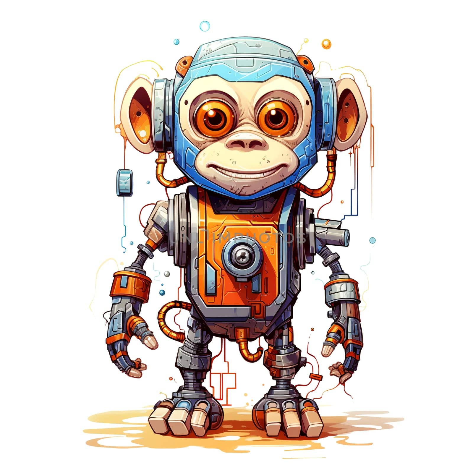 Cartoon monkey robots. T-Shirt, Sticker. Funny cyborg. AI Generated by AndreyKENO