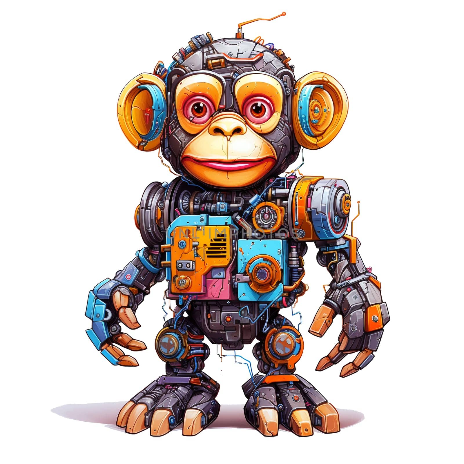 Cartoon monkey robots. T-Shirt, Sticker. Funny cyborg. AI Generated by AndreyKENO