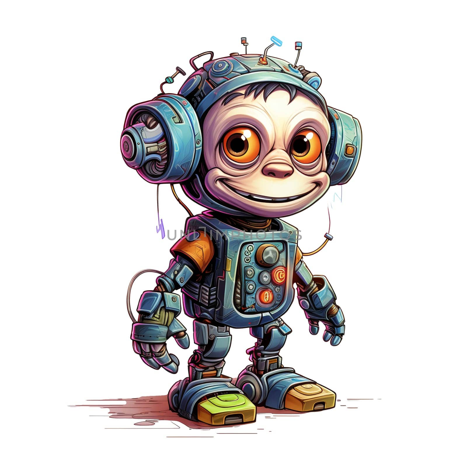 Cartoon monkey robots. T-Shirt, Sticker. Funny cyborg. AI Generated by AndreyKENO