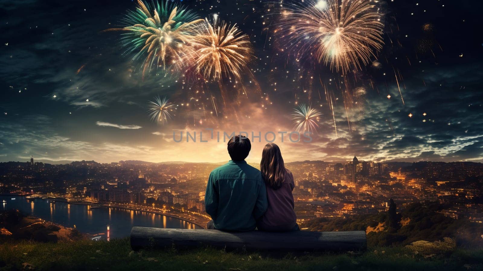 A couple enjoys a romantic and festive night on a bench, watching the colorful fireworks over the city skyline, celebrating Christmas and New Year. High quality photo