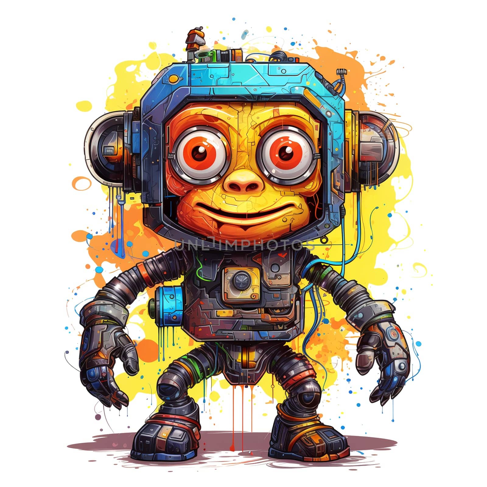 Cartoon monkey robots. T-Shirt, Sticker. Funny cyborg.