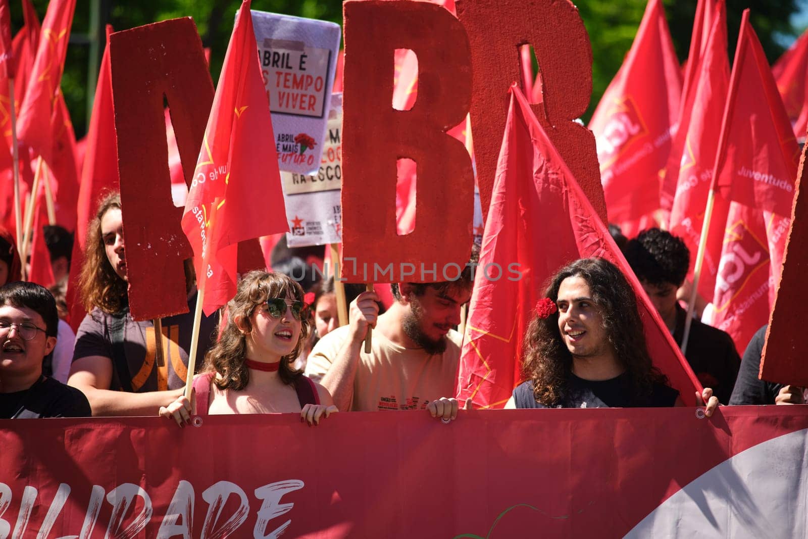 Lisbon, Portugal - April 25, 2023: Anniversary celebration of The Carnation Revolution aka the 25 April Revolution (25 de Abril) by demonstration march