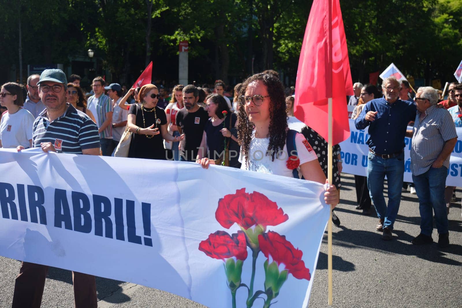 Lisbon, Portugal - April 25, 2023: Anniversary celebration of The Carnation Revolution aka the 25 April Revolution (25 de Abril) by demonstration march