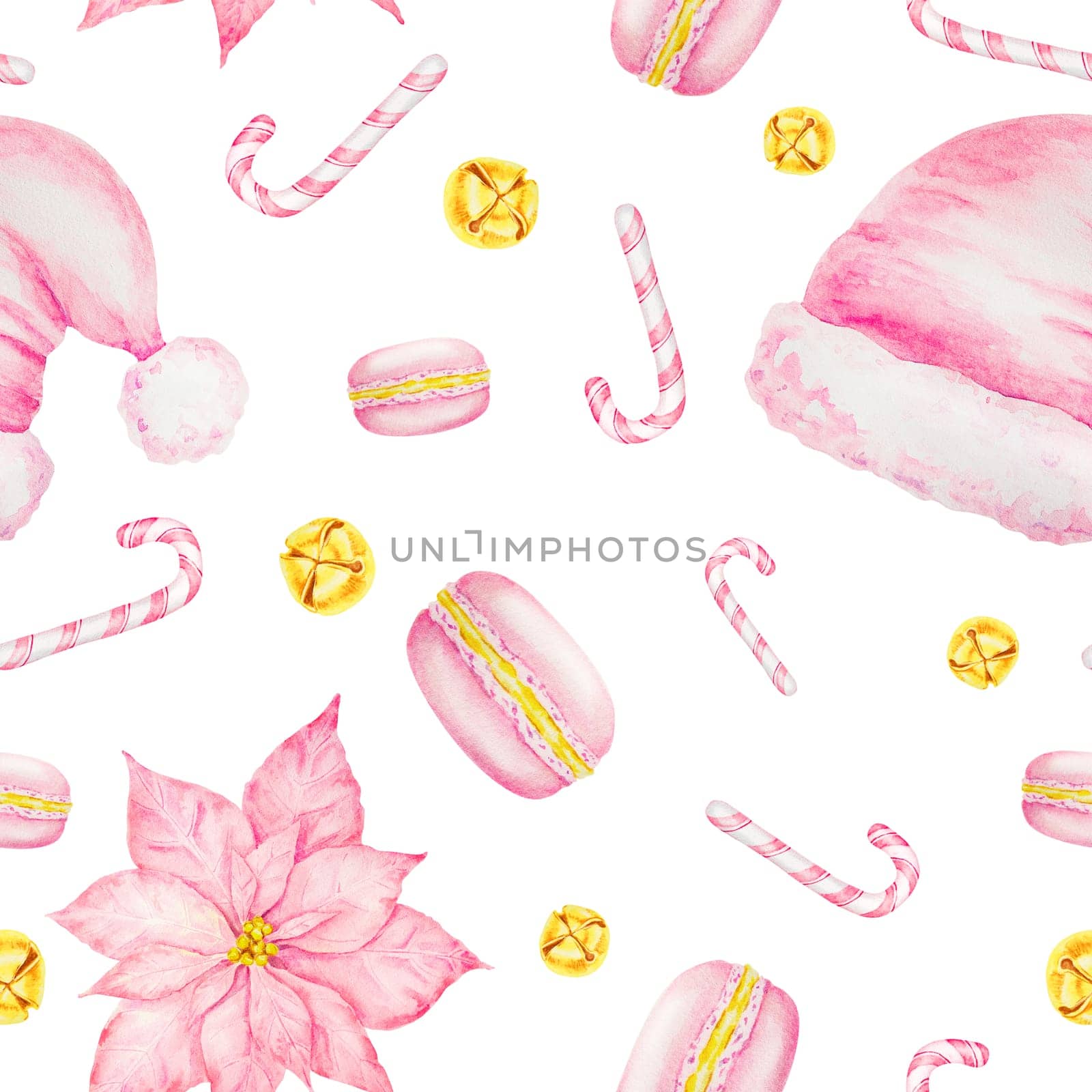 Pink poinsettia, Santa Claus hat, New Year's candy canes, macarons and gold bells. Watercolor hand drawn seamless pattern with Christmas sweets. Winter symbols for holiday season prints, background, packing paper, textile, fabric