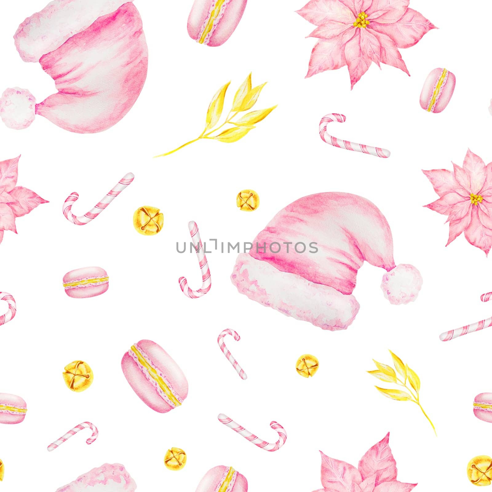 Pink poinsettia, Santa Claus hat, New Year's candy canes, macarons and gold bells. Watercolor hand drawn seamless pattern with Christmas sweets. Winter symbols for holiday season prints, background, packing paper, textile, fabric