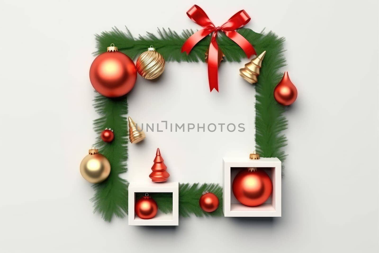 Mockup Empty Frame and Christmas baubles decoration. Generative AI by itchaznong