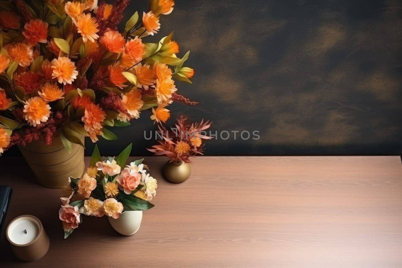 Topview office desk decorate autumn theme. Generative AI by itchaznong