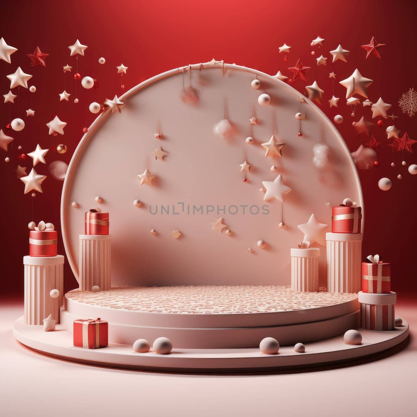 Podium for product display and Christmas baubles decoration. Generative AI by itchaznong