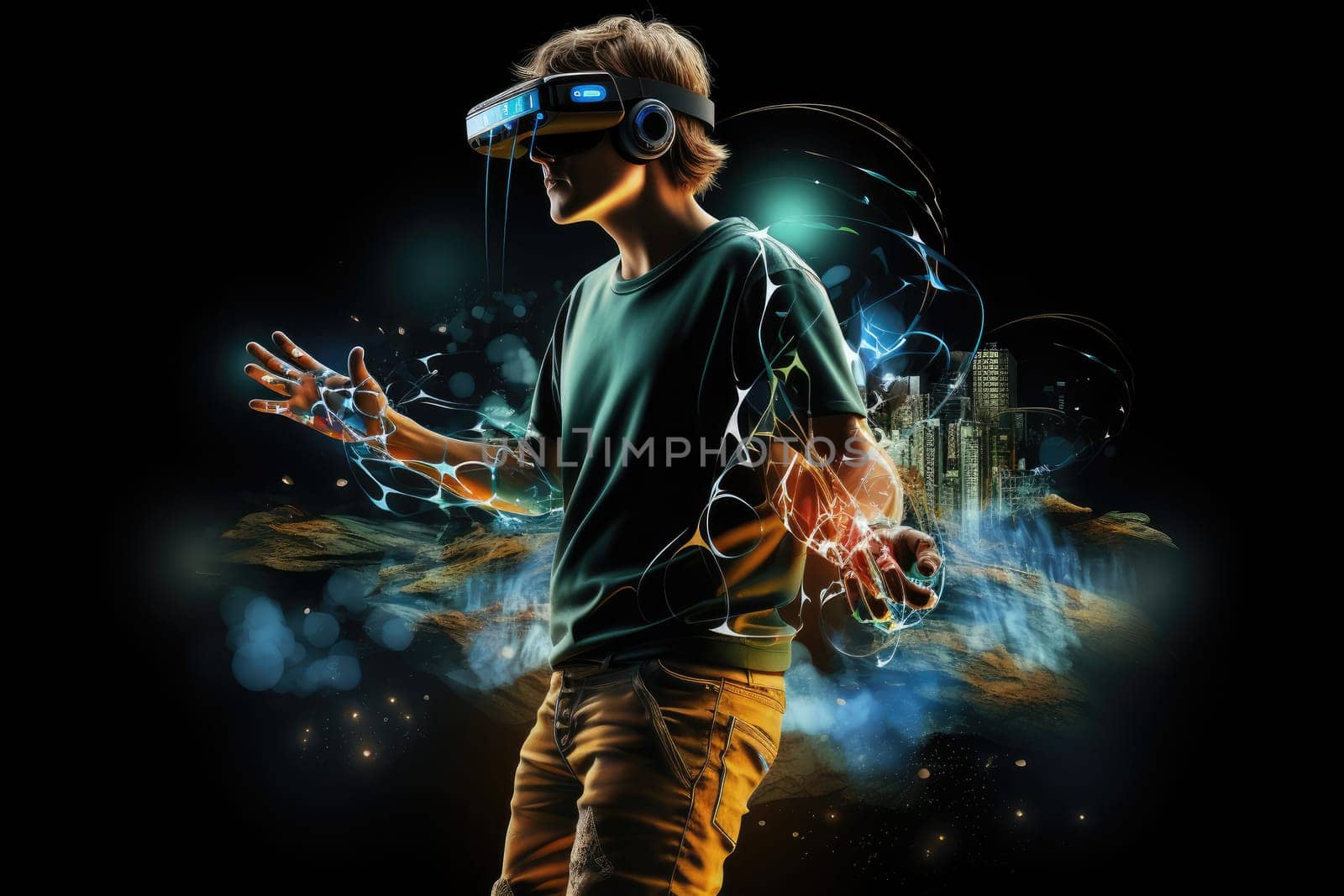 A boy wearing VR headset user, surreal world and smart glasses futuristic technology. Generative AI.