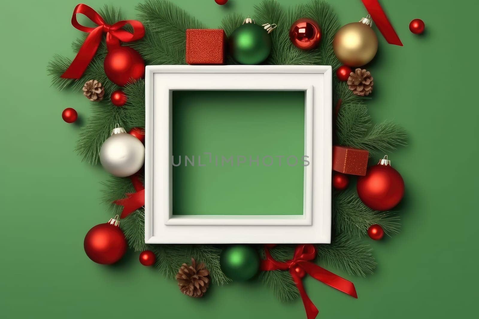 Mockup Empty Frame and Christmas baubles decoration. Generative AI by itchaznong