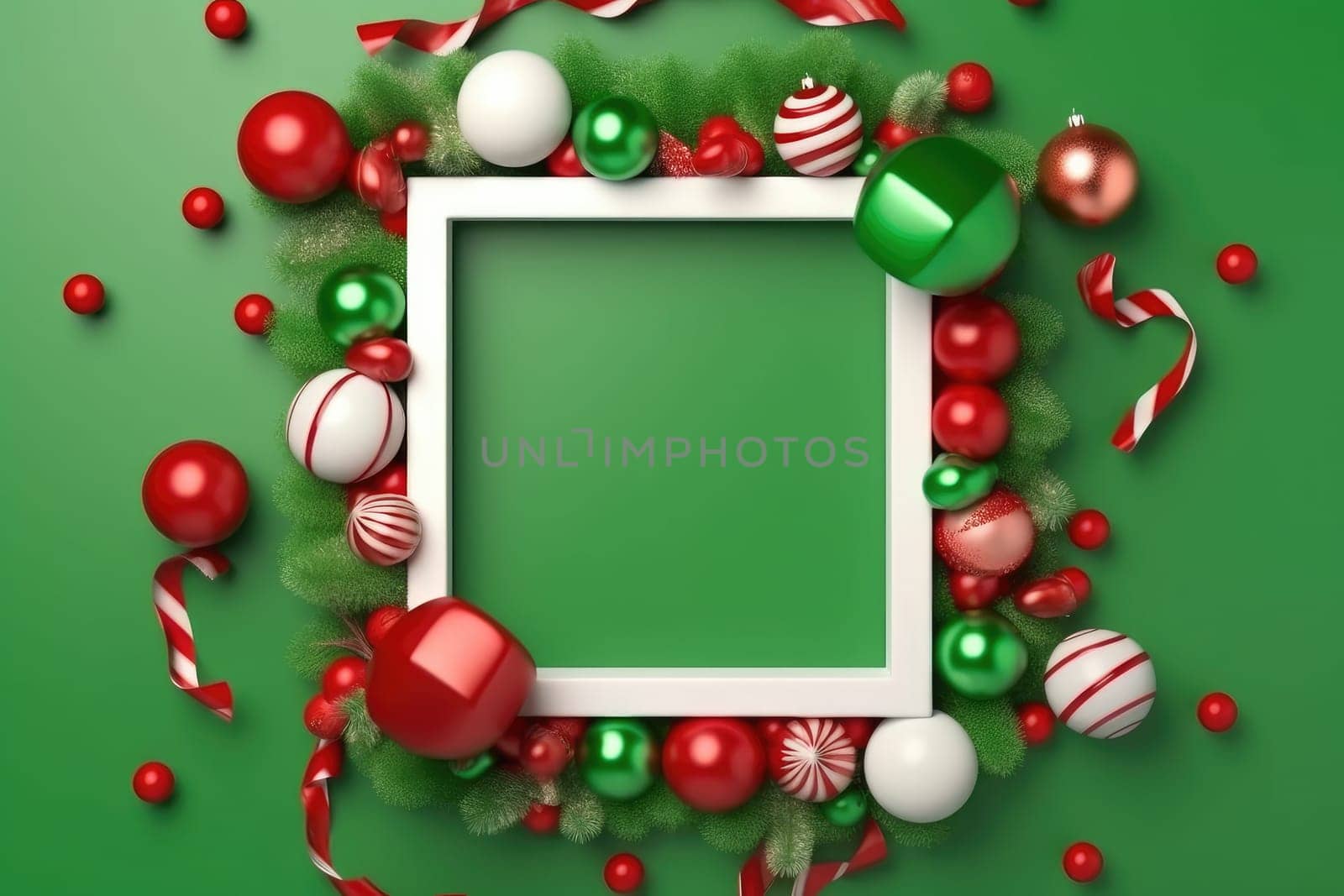 Mockup Empty Frame and Christmas baubles decoration. Generative AI by itchaznong