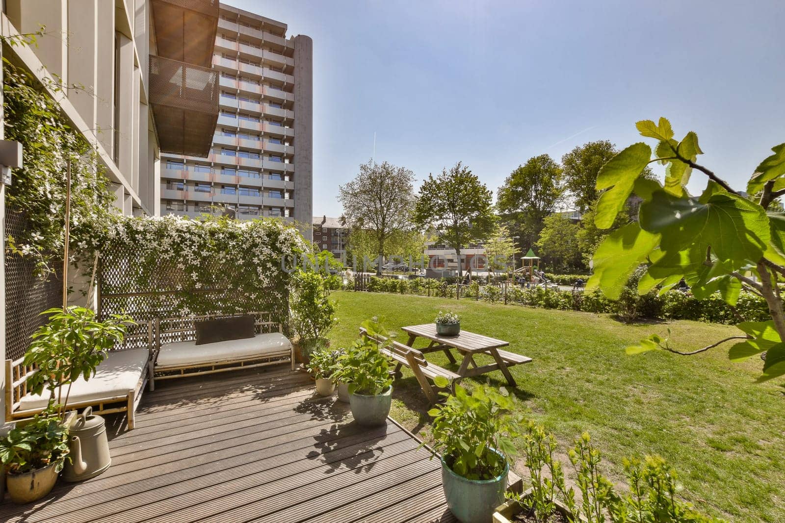 a backyard with a lawn and plants and a building by casamedia