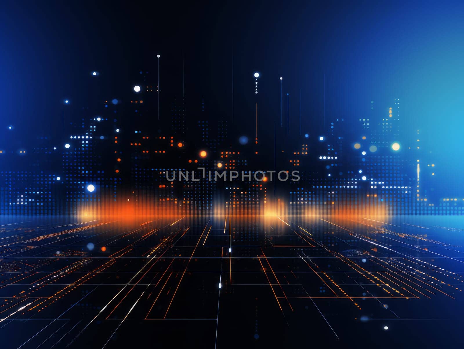 Abstract technology, blue and orange neon background of lines and dots, science and technology business concept of digital future technologies. AI