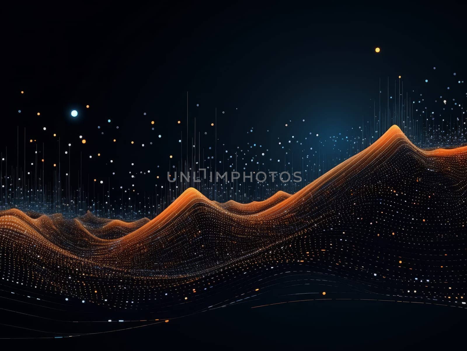 Abstract technology, blue and orange neon background of lines and dots, science and technology business concept of digital future technologies. AI