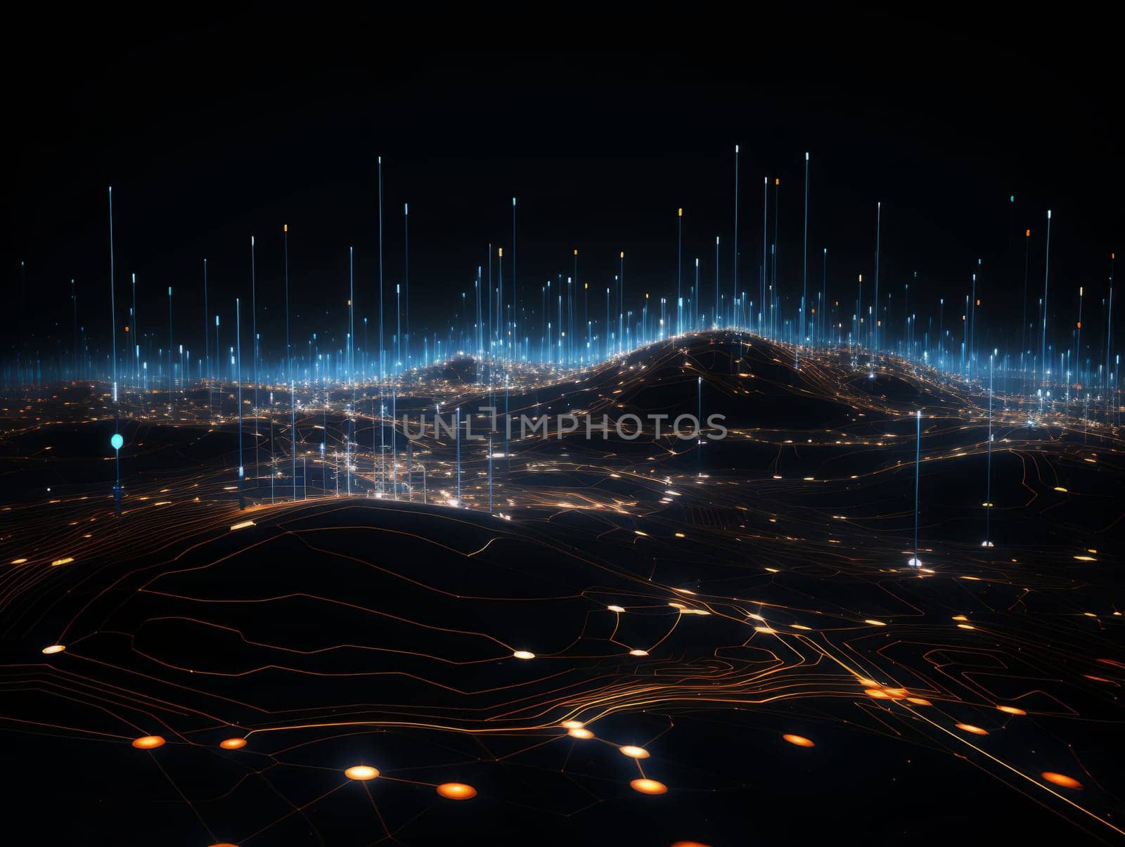 Abstract technology, blue and orange neon background of lines and dots, science and technology business concept of digital future technologies. AI