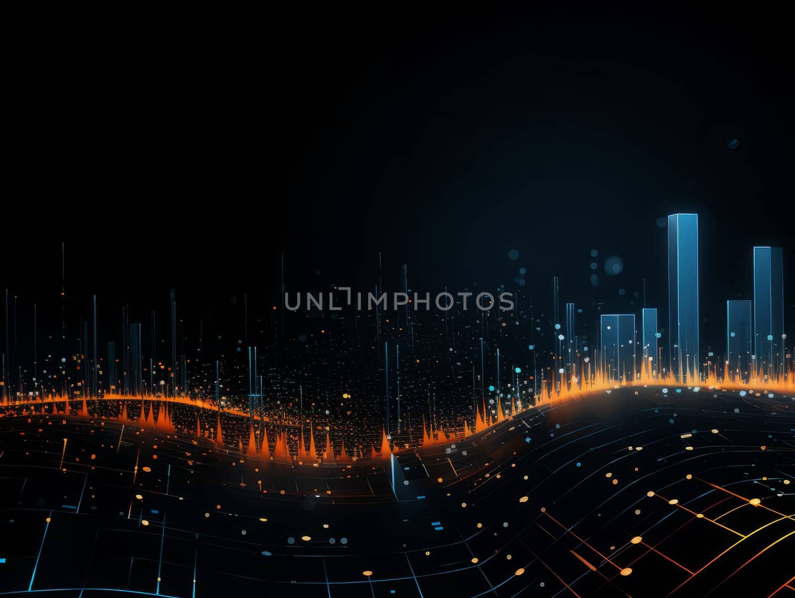 Abstract technology, blue and orange neon background of lines and dots, science and technology business concept of digital future technologies. AI