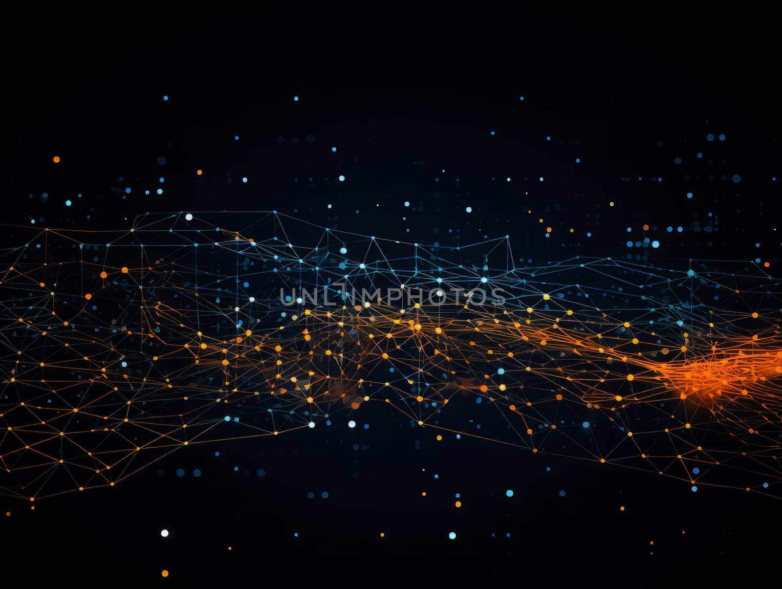 Abstract technology, blue and orange neon background of lines and dots, science and technology business concept of digital future technologies. AI