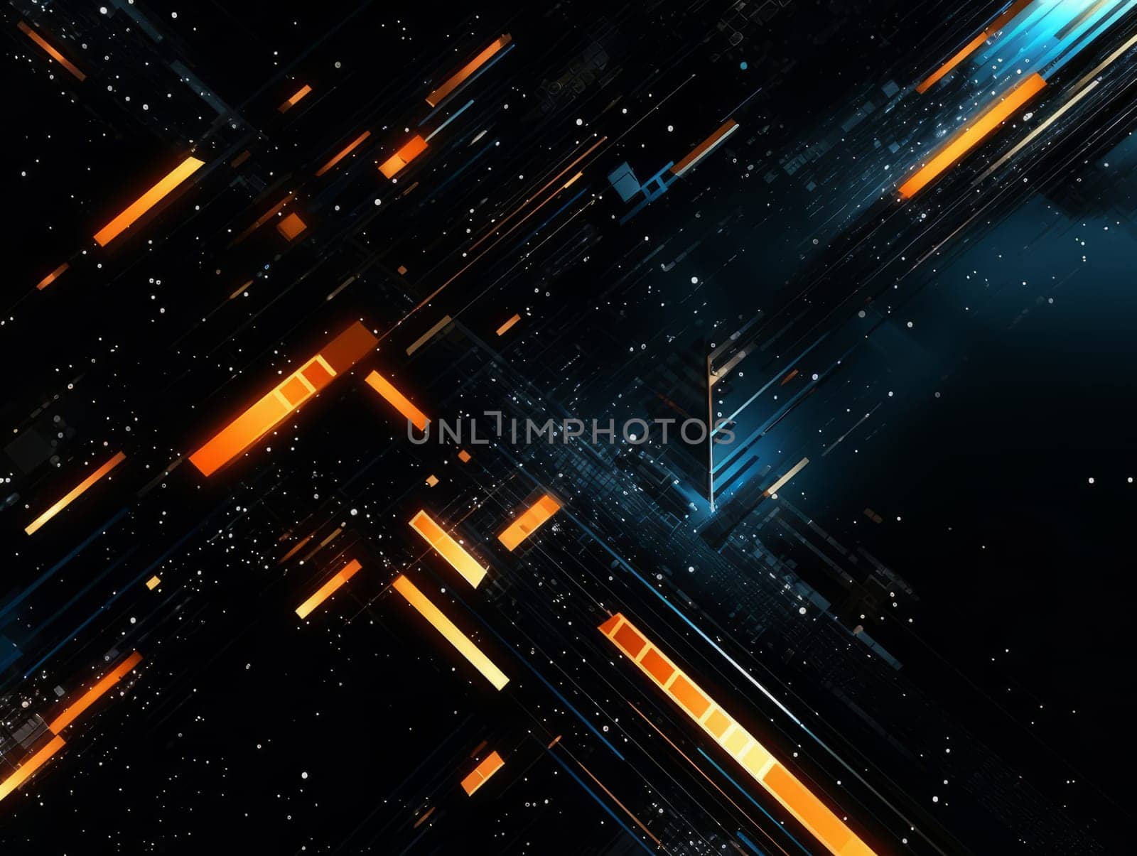 Abstract technology, blue and orange neon background of lines and dots, science and technology business concept of digital future technologies. AI