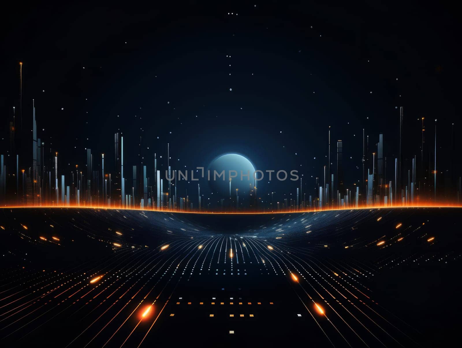 Abstract technology, blue and orange neon background of lines and dots, science and technology business concept of digital future technologies. AI