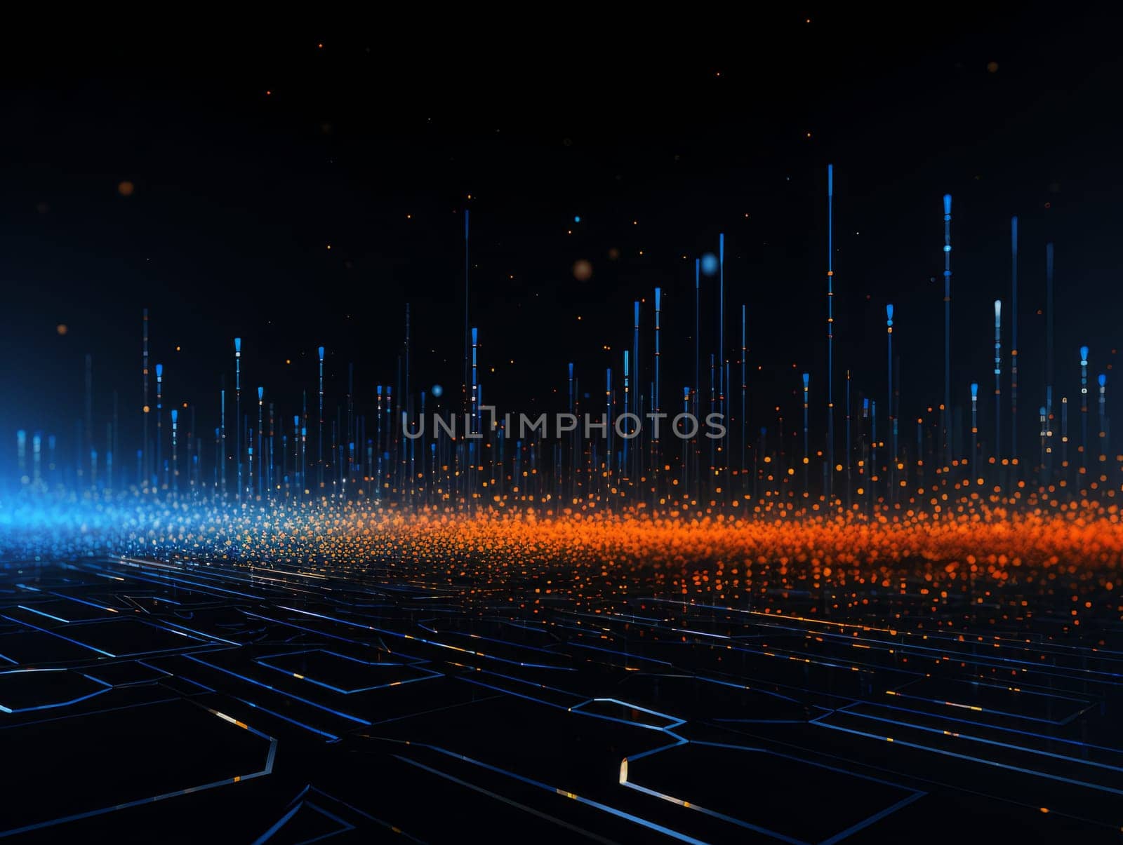 Abstract technology, blue and orange neon background of lines and dots, science and technology business concept of digital future technologies. AI