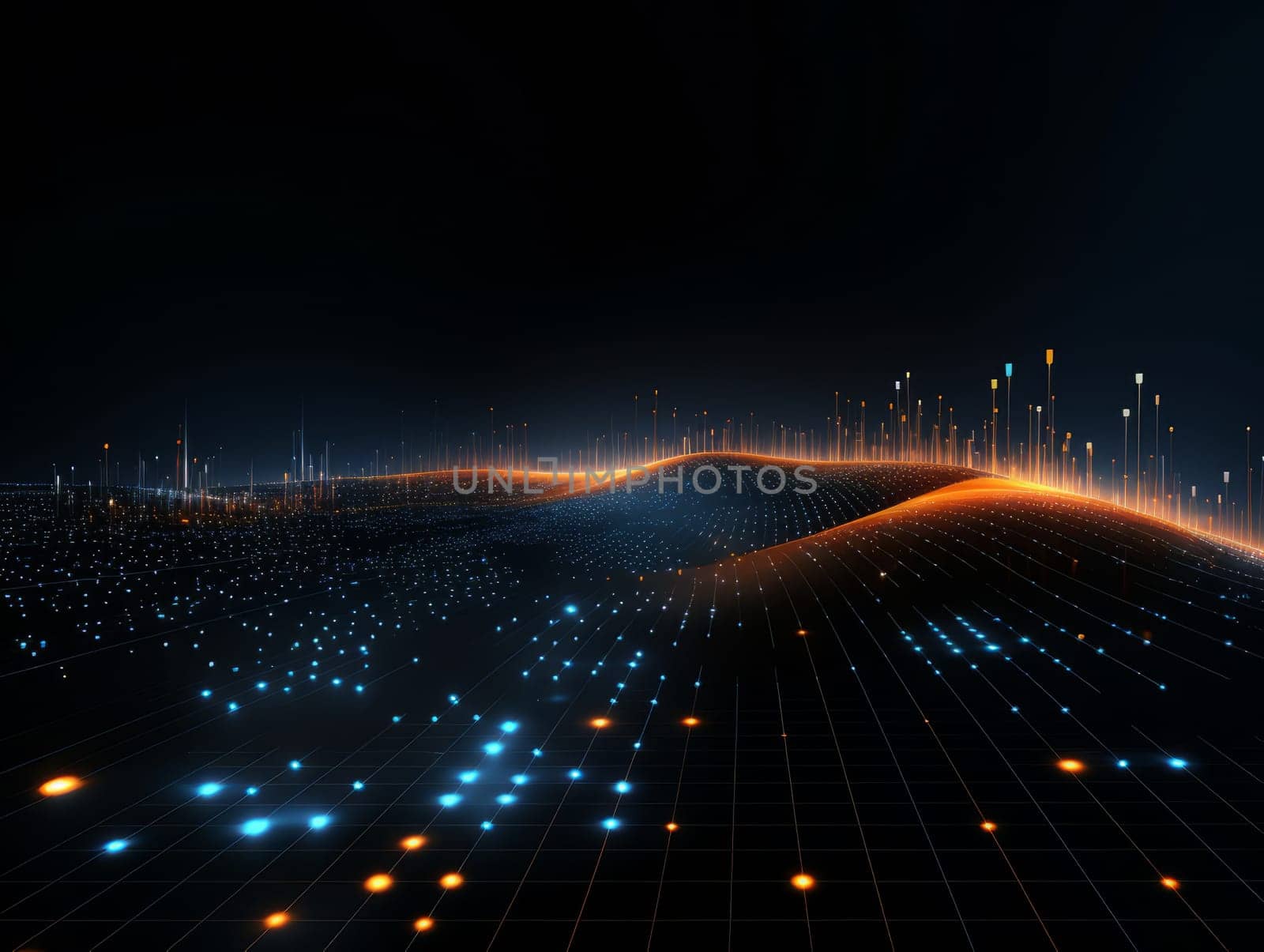 Abstract technology, blue and orange neon background of lines and dots, science and technology business concept of digital future technologies. AI